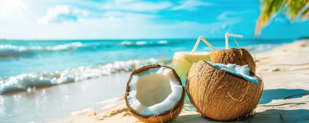 Wall Mural - A glass of coconut water with a straw in it is on a beach. The beach is a beautiful, sunny day with a clear blue sky. Free copy space for text.