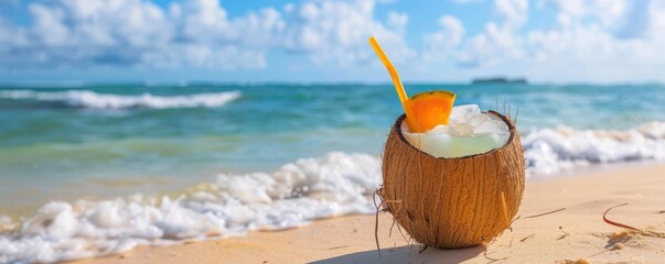 Wall Mural - A glass of coconut water with a straw in it is on a beach. The beach is a beautiful, sunny day with a clear blue sky. Free copy space for text.