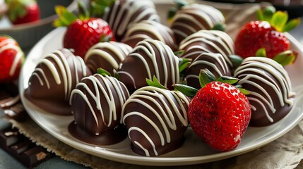 Sticker - Delicious Chocolate Covered Strawberries with Drizzle. Perfect for dessert or gourmet gift. Close-up of chocolate dipped strawberries on a plate. 