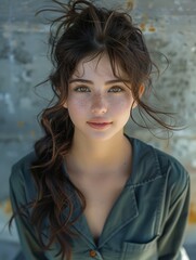 Wall Mural - Young Woman With Long Brown Hair Looking at Camera