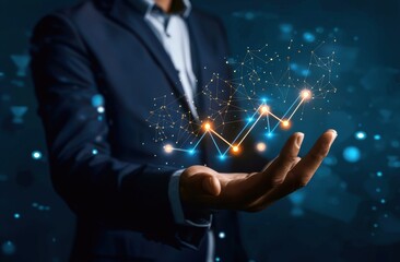 Wall Mural - businessman holding virtual graph arrow up with growth technology network connection and financial d