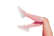 © deagreez - Cropped horizontal profile side view of long legs attractive slim fit thin sportive perfect line shape figure form girl working out isolated over pink pastel background