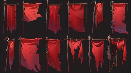 Modern animated medieval cartoon set with ripped royal red game flag and tattered printed pennant. Ragged and worn army symbol. Historical vertical symbol.