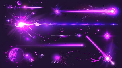 Poster - Violet neon streak effect on transparent background with glitter rainbow divider. Magic flash laser strip divider with glitter shimmer design illustration.