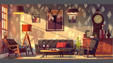 Wall Mural - A fully furnished, modern apartment with a sofa, lamp, armchair element, and picture on the wall. Wine bottle and glass on the table.