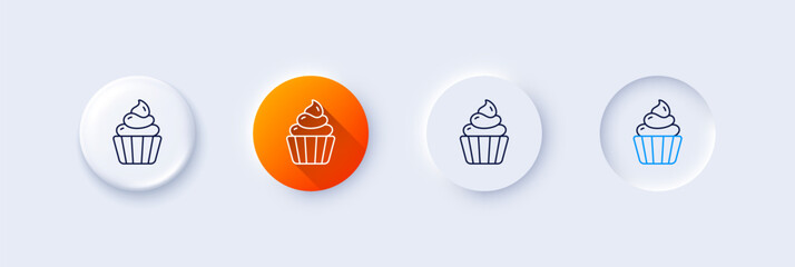 Canvas Print - Cupcake line icon. Neumorphic, Orange gradient, 3d pin buttons. Dessert food sign. Cake with cream symbol. Line icons. Neumorphic buttons with outline signs. Vector