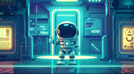 Wall Mural - A winking robot astronaut holding his thumbs up stand in the inside of a space ship hall. A cartoon illustration of a futuristic shuttle station hallway room with closed doors and gates, glowing