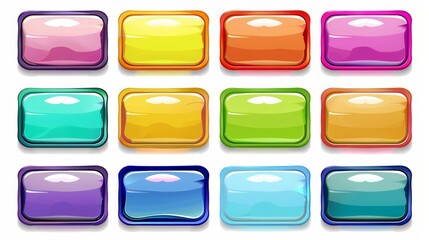 A modern cartoon set of glossy web buttons isolated on a white background in rainbow colors for use on game menus, mobile apps and websites.