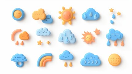 icons set of 3d rendered weather elements for apps or websites. includes sun, cloud, snowflake, rain
