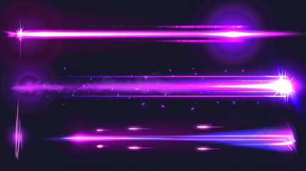 Poster - Lines of violet neon light with sparkle and flare, isolated on transparent background. Illustration of a laser strip divider with glitter shimmer design.