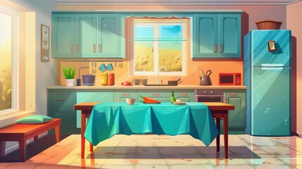 Wall Mural - Kitchen interior table with modern background illustration. Fridge, stove, sink, and counter furniture in modern house room. Modular kitchen equipment near window.