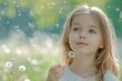 © darshika - Beautiful little girl enjoying blowing dandelion dreaming in spring park with copy space.