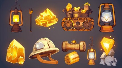 A set of cartoon gold mine ui icons - glowing nuggets of gold in stone, a drill machine and helmet with lantern, dynamite with lighted wicks.