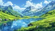 © Bundi - An illustration of a mountain stream with green grass and a river landscape on an easel. Scene depicts a beautiful summer scene depicting a green valley in Switzerland.