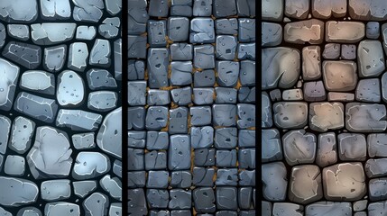 Wall Mural - Game texture stones, pebbles, rock wall seamless pattern. Cartoon background of rocky road or floor, cobble pavement material, graphic design templates for landscaping.