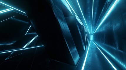 Wall Mural - An empty futuristic black studio background with led tubes on the walls, laser beam illumination on the stage of a nightclub, and abstract showrooms.