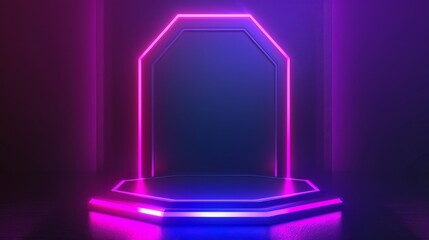 Wall Mural - In the studio room interior, a hexagon product podium with pink neon lights is displayed against a dark purple background. A beautiful 3D display platform is floating in the air for game designers.