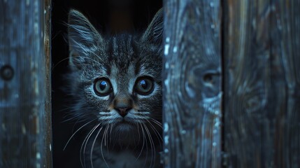 Sticker - A kitten is peeking out from behind a wooden fence