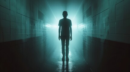 Wall Mural - A man is walking down a dark hallway with a green light shining on him