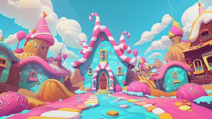 A fantasy candy land with sweet dessert houses, chocolate trees, and pink jelly grass. A cartoon modern landscape of cute fantasy fairy sugar world with homemade cakes and cookies, caramel, and ice