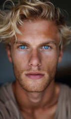 Wall Mural - Photo of a man, close up. Tan skin and blond hair, blue eyes