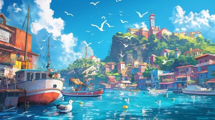 A painting of a harbor with a red boat and a white bird. Anime background