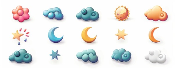Wall Mural - Colorful 3D soft UI weather icons set including sun, clouds, moon, and rain. Ideal for apps, websites, and weather-related designs.