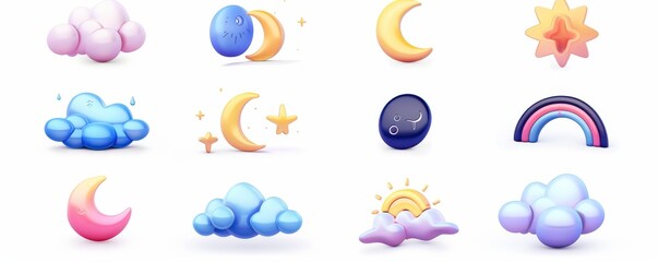 Wall Mural - Colorful 3D soft UI weather icons set including sun, clouds, moon, and rain. Ideal for apps, websites, and weather-related designs.