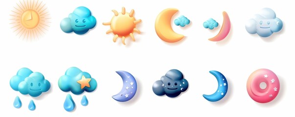 Wall Mural - Colorful 3D soft UI weather icons set including sun, clouds, moon, and rain. Ideal for apps, websites, and weather-related designs.