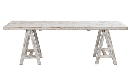 Wall Mural - white painted raw wooden table on work trestles. isolated white background