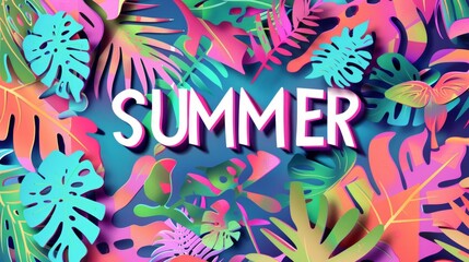 SUMMER text is illuminated with neon colors amidst a lush, tropical leaf design on a teal background, retro style lettering, calligraphy for summer holidays, greeting card.
