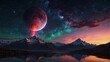 © Adam - A surreal mountain landscape under a starry sky with an erupting moon, casting colorful reflections on a tranquil lake.
