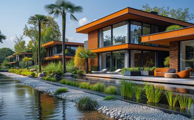 Wall Mural - A row of houses with a large pool in front of them. The houses are all different sizes and styles, but they all have a similar color scheme of orange and brown.