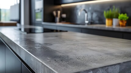 Poster - A modern kitchen featuring sleek concrete countertops, with a smooth and polished surface. The photo captures the kitchen's minimalist design. provide a clean, industrial aesthetic.