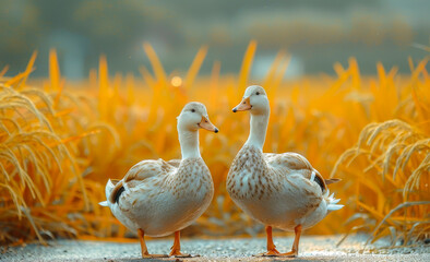 Wall Mural - Two ducks standing next to each other in a field of yellow grass. The ducks are looking at each other, and the scene has a peaceful and serene mood