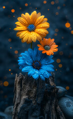 Wall Mural - A close up of three flowers, one blue and two orange, on a log