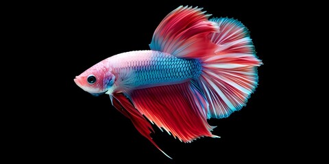 Vivid Siamese Betta Fish with Striking Colors on Black Background. Concept Fish Photography, Siamese Betta, Vivid Colors, Black Background