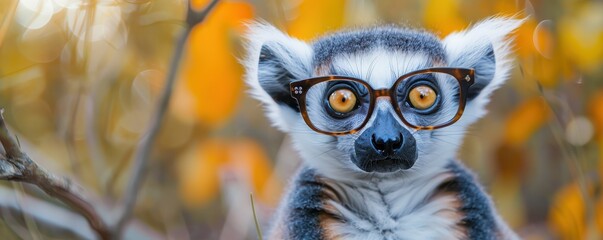 Wall Mural - Close-up of a cute, funny lemur wearing glasses. Perfect for humorous and whimsical animal-themed projects.