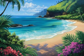 Wall Mural - An idyllic paradise on the coastline, featuring turquoise waters, sandy beaches, and lush greenery under a sunny sky.