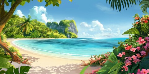 Wall Mural - An idyllic tropical seascape with turquoise waters, palm-fringed shores, and clear skies, perfect for relaxation and vacation.