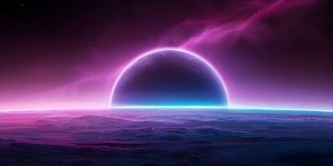 Wall Mural - neon abstract space background with futuristic scifi landscape and cold planet. concept neon space, 