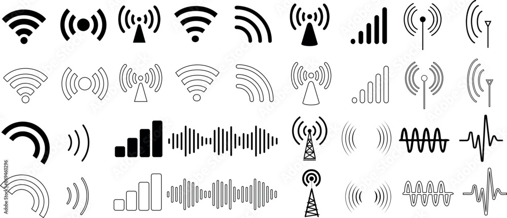 Wireless Interference Icon Wireless signal icons set includes wifi, antenna, radio, sound waves ...