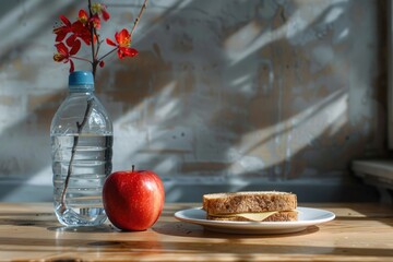 Wall Mural - pupil's Breakfast on the table, a sandwich, an Apple, bottle of water