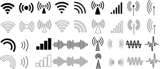 Wireless signal icons set includes wifi, antenna, radio, sound waves, perfect for tech design, communication network, audio visual vector illustration