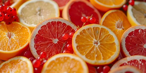 Wall Mural - Vibrant Fruit Arrangement Grapefruits, Oranges, and Berries on a Colorful Background. Concept Fruit photography, Vibrant colors, Food styling, Citrus fruits, Creative composition