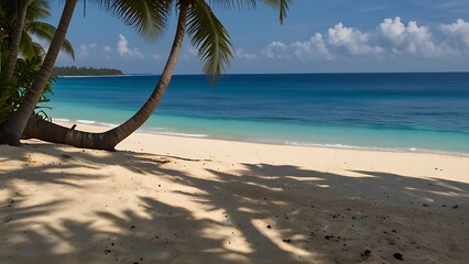 Poster - Palm trees on a white sand beach with clear blue water and bright sky. Idyllic tropical paradise vacation destination with sun shining on the beach.