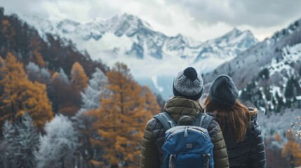 Wall Mural - AI generated illustration of two hikers enjoying a scenic autumn mountain view