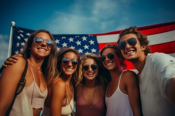 A group of friends wearing sunglasses smiles for a selfie with an American flag in the background on a sunny day.