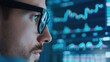 © CALMANDRELAX STUDIO - Focused man analyzing data on multiple screens with graphs and charts in a dark room, showcasing data analysis and technology.