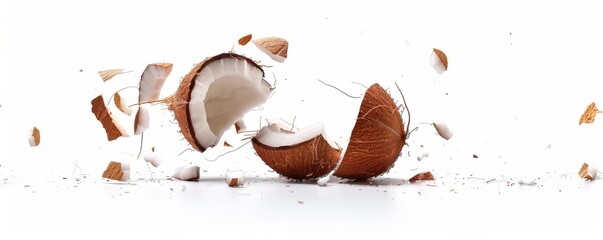 A close up of a coconut with a hole in it. The coconut is split open and the white inside is visible. The image has a sense of motion and energy, as if the coconut is being tossed or thrown.